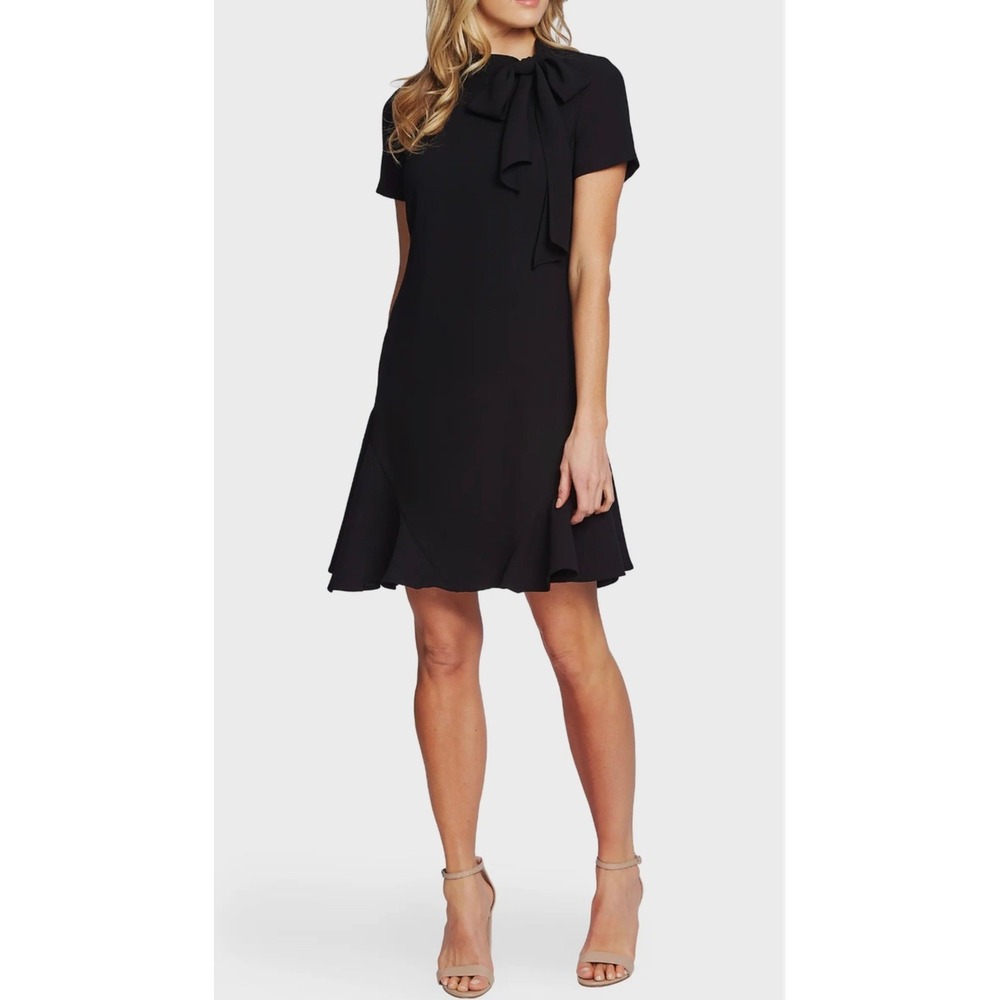 CeCe Essentials Rich Black Tie Neck Ruffle Hem Short Sleeve Dress 6 NEW